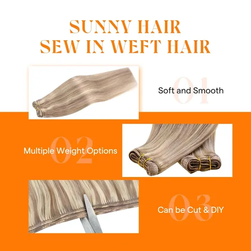 Miniatura 3 de Sunny Hair Extensiones de cabello humano con reflejos, cosidas en rubio ceniza, mezcla de rubio decolorado, doble trama, cabeza completa, cortas