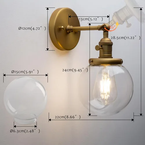 Miniatura 5 de Pathson Aplique de pared industrial con cable con vidrio de globo transparente, interruptor de encendido y apagado, lámpara de pared vintage