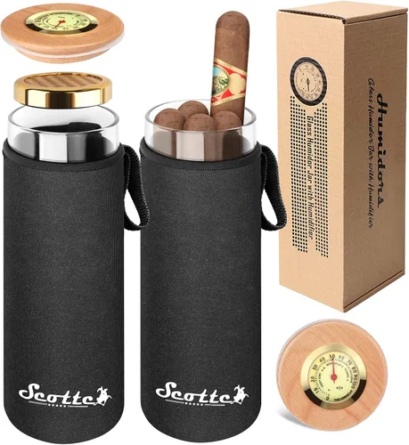 Scotte - Estuche humidificador para puros, en caja de regalo, con higrómetro, tubo de viaje para 5 puros