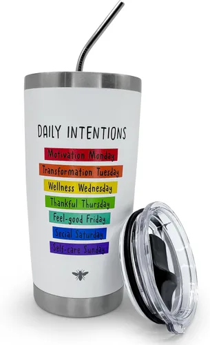 BEEYOND Vaso de 20 onzas, taza de café de viaje con tapa deslizante y popote, taza de café de acero inoxidable a prueba de derrames