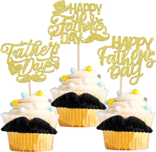 Miniatura 22 de Paquete de 24 adornos para cupcakes con purpurina para el Día del Padre, con purpurina para el mejor papá del mundo, sombrero de bigote #1