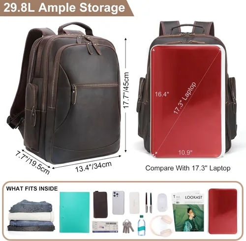Miniatura 5 de TIDING Mochila para portátil de cuero de grano completo de 17.3 pulgadas para hombre, mochila de viaje de gran capacidad, para viajes, fin de Marrón