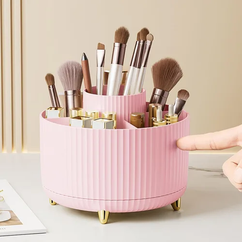 Miniatura 15 de Organizador para brochas de maquillaje, organizador de brochas de maquillaje giratorio 360°, taza con 5 ranuras para brochas de maquillaje