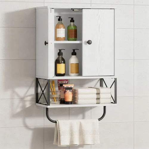 Miniatura 11 de MAHANCRIS Armario de pared de baño con 2 puertas y estante ajustable, botiquín de granja con toallero, armario de almacenamiento montado en la pared