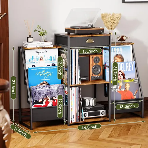 Miniatura 3 de JunVpic Soporte para tocadiscos con almacenamiento de vinilo, mesa de discos con soporte, estante y cajón de almacenamiento de vinilo de 6