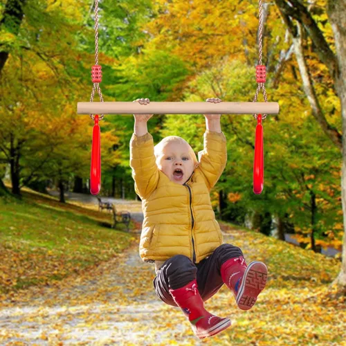 Miniatura 2 de PELLOR - Barra de trapecio de madera para juegos infantiles con anillos de gimnasio de plástico, juego de columpio para diversión en interiores