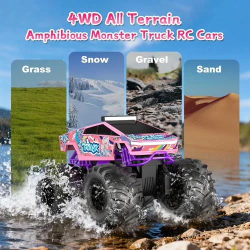 Miniatura 5 de Coche de control remoto para niñas, juguetes de camión monstruo rosa 1:18, autos RC anfibios, camiones RC impermeables de 2.4 GHz, camioneta Rosa