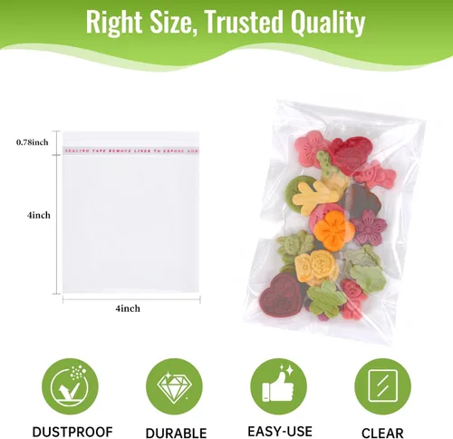 Miniatura 2 de Bolsas de galletas transparentes de 4 x 4 pulgadas, 200 unidades, bolsas de celofán autoselladas de grado alimenticio, envoltorios transparentes