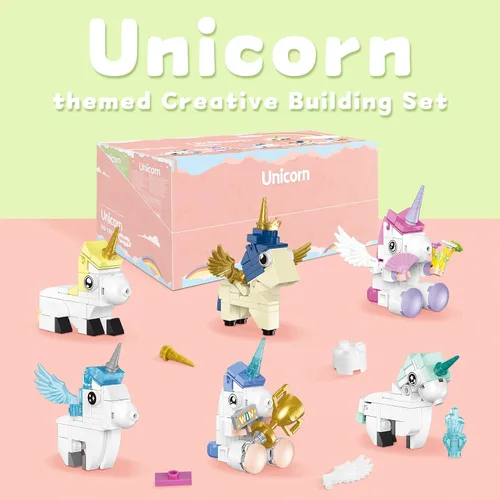 Miniatura 7 de Juego de construcción de juguetes de unicornio, paquete de 6 regalos de fiesta de unicornio compatibles con Lego, bolsas de regalo, Halloween