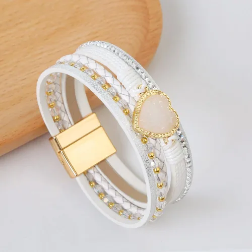 Miniatura 3 de Jewbelet - Pulsera de cuero estilo bohemio con cuentas de cristal con cierre de joyería para mujer