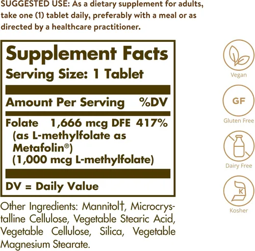 Miniatura 2 de Solgar Folato 1000 mcg, 120 tabletas - 1000 mcg de metafolina bio-activa - vegano, sin gluten, sin lácteos, Kosher - 120 porciones