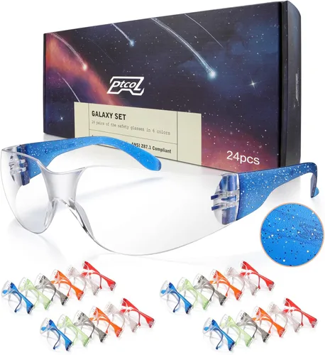 Miniatura 12 de 28 unidades de gafas de seguridad en 7 colores (paquete grande de 24+4) Gafas protectoras unisex transparentes antiarañazos, lentes resistentes a
