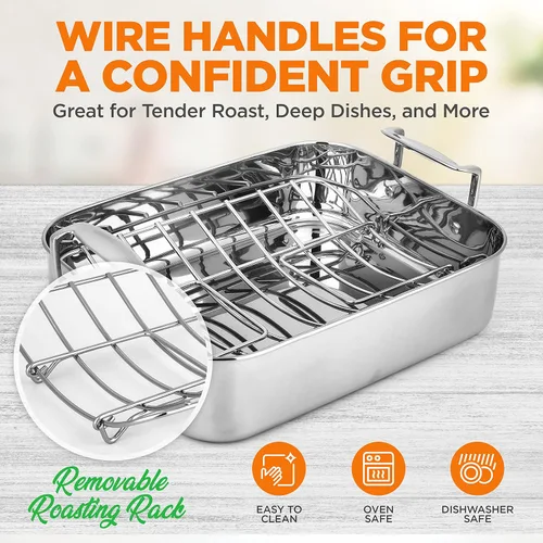 Miniatura 6 de NutriChef Asador de cocina de acero inoxidable de 14 pulgadas con rejilla de alambre pulido, versátil juego de hornear para pavo, pollo, carnes
