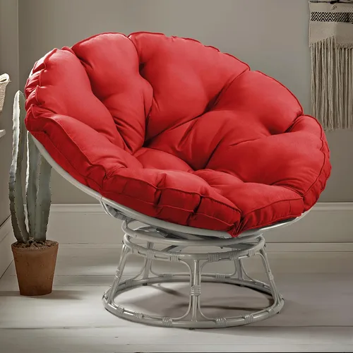 Miniatura 10 de Papasan - Silla con cojín, base giratoria de 360°, platillo grande, marco gris claro, poliéster beige