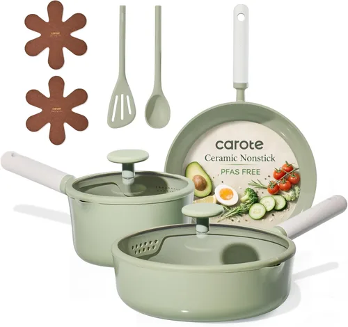 Miniatura 9 de CAROTE - Juego de ollas y sartenes antiadherentes, juego de utensilios de cocina de cerámica, juego de cocina azul para inducción con vaporera