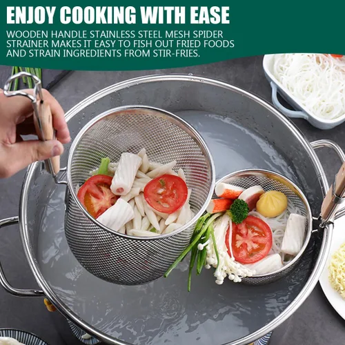 Miniatura 5 de Colador de cocina multiusos de acero inoxidable con mango de madera, colador de cocina para colar, freír, cocinar al vapor y cocinar (7.1 in)