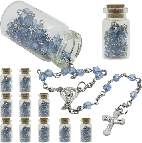 Sudopo Bautismo Favor (12PCS) Rosario de la Santa Comunión en tarro de botella de vidrio Recuerdos de Bautizo Quinceañera Perla Azul Bautizo