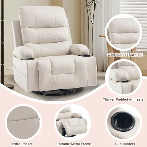 Miniatura 7 de KCQ Rocker - Silla reclinable con calor y masaje, silla reclinable manual de gran tamaño con soporte para tazas, silla mecedora giratoria de piel