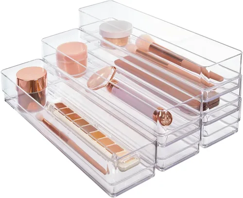 Miniatura 10 de STORi SimpleSort Juego de 6 organizadores de cajones transparentes apilables Bandejas rectangulares de 9 x 3 x 2 pulgadas Contenedores estrechos