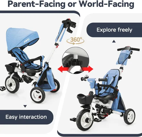 Miniatura 8 de JMMD Cochecito de triciclo 8 en 1 con asa de empuje, triciclo plegable con asiento giratorio de 360°, respaldo reclinable, ruedas todo terreno, Azul