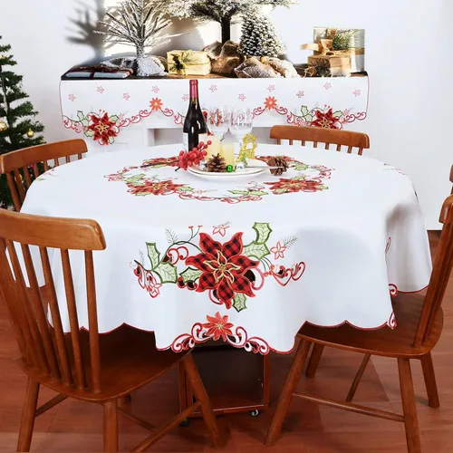 Miniatura 4 de Grelucgo Mantel de comedor redondo bordado de Navidad (redondo de 70 pulgadas)