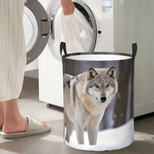 Miniatura 7 de wolf in the snow print Circular Hamper Waterproof Storage Bin Organizer Basket Laundry Hamper With Handles For Clothes Toys Small