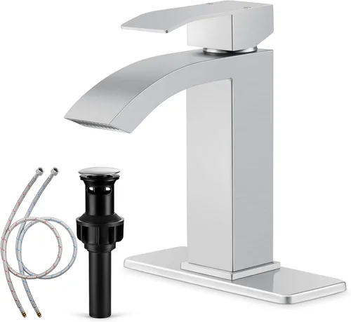 Miniatura 12 de Herogo Grifo de baño en cascada, grifos de baño de níquel cepillado para fregadero de 1 o 3 agujeros con drenaje desplegable, grifo mezclador