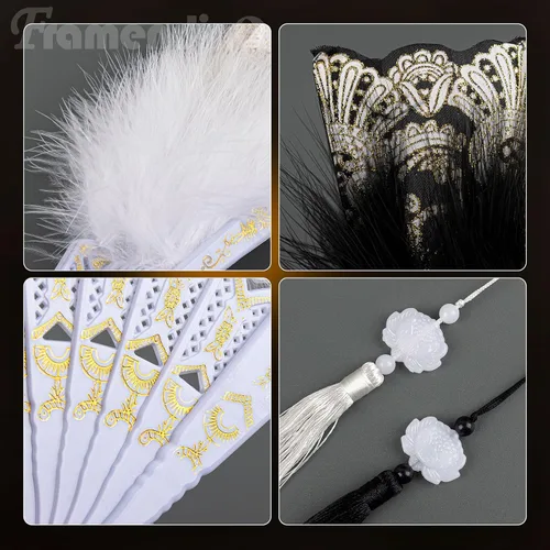 Miniatura 6 de Framendino, Paquete de 2 abanicos de plumas bordadas de flores Marabou con borla colgante de los años 20 plegable de arrastre a mano para mujeres