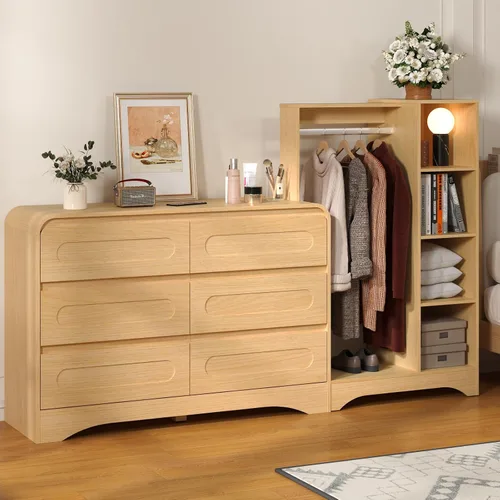 Miniatura 8 de Cómoda con perchero para colgar ropa, toboganes preinstalados para una instalación rápida, armario 3 en 1 con cajones y estantes para zapatos