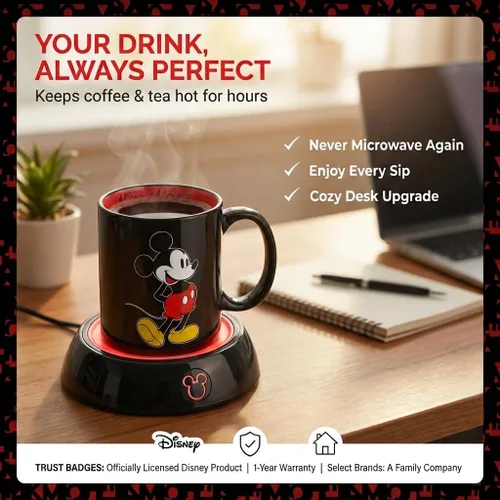Miniatura 2 de Calentador de Tazas Mickey Mouse de Disney con Taza de 12 oz por Select Brands - Calentador de Tazas de Café con Taza de Cerámica Incluida - Plato