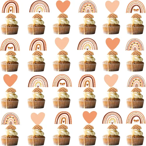 48 piezas Boho Rainbow Party Cupcake Toppers para decoración de fiesta de cumpleaños de arcoíris bohemio