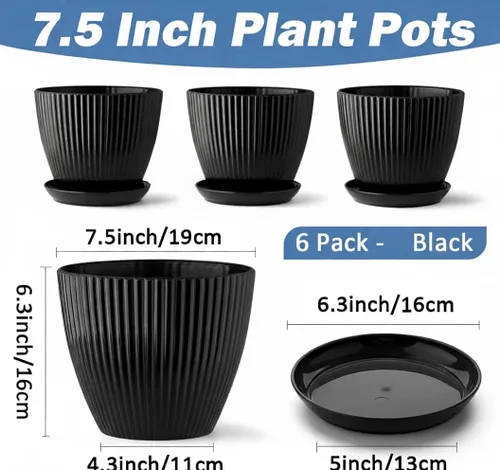 Miniatura 2 de RooTrimmer Macetas de Plástico Engrosado Negro de 7.5 Pulgadas con Platillos, Paquete de 6 Maceteros Modernos para Plántulas para Plantas
