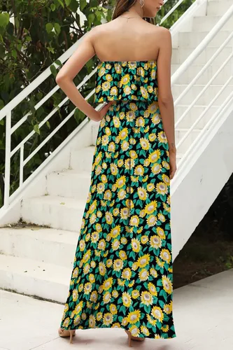 Miniatura 5 de ZMPSIISA - Vestido largo de verano con hombros descubiertos para mujer vestido largo sin tirantes, con volantes, color azul y blanco estilo bohemio