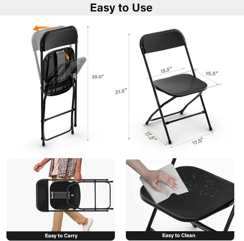 Miniatura 3 de Bonnlo Juego de Sillas Plegables de 4, Silla de Plástico Negra con Asiento Resistente y Marco de Metal, Perfecta para Fiesta, Evento, Boda