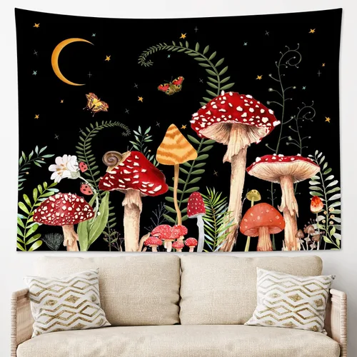 Miniatura 12 de LB Tapiz de hongos para colgar en la pared, luna y estrella en beige, tapiz de pared para dormitorio, estética de planta verde, arte de pared