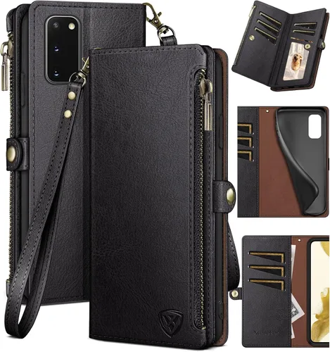 XcaseBar Funda tipo cartera para Samsung Galaxy S20 con cremallera y tarjetero de crédito [bloqueo RFID], funda de piel sintética con tapa para Negro