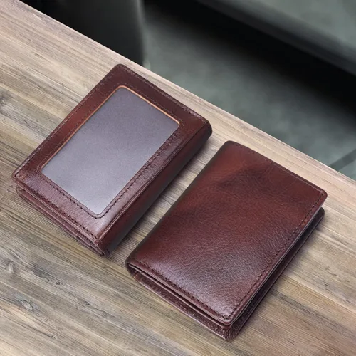 Miniatura 4 de Bolsillo frontal con bloqueo RFID, minimalista, delgado, de cuero, plegable, para tarjeta de crédito, con ventana de identificación
