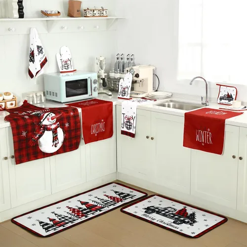 Miniatura 7 de Fourluoo Juego de 12 piezas de decoración de cocina de granja navideña, 4 toallas de cocina, 2 delantales de Navidad, 2 guantes de horno, 2 soportes
