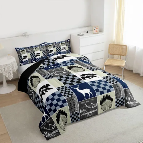 Miniatura 14 de Juego de edredón de oso y ciervo, tamaño individual, ropa de cama de animales salvajes de caza, colcha rústica de cabaña, casa de campo, cuadros
