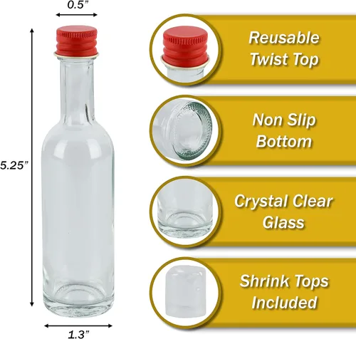 Miniatura 2 de Mini botellas de vidrio de 1.7 fl oz con tapas de aluminio y termorretráctiles, paquete de 24 tapas rojas, para salsa de licor, bebidas, muestras