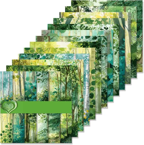 Miniatura 9 de Bloc de papel para álbum de recortes, 6 x 6 pulgadas, 24 hojas de papel de manualidades con patrón de bosque verde para diario basura, collage