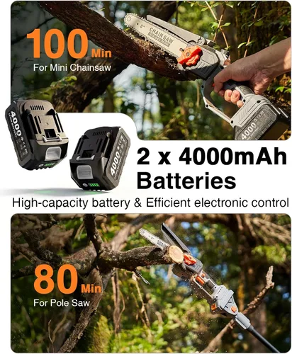 Miniatura 6 de TaskStar Sierra de poste 2 en 1 para recorte de árboles, motosierra mini inalámbrica de 8 pulgadas con poste extensible, motor sin escobillas, con 2