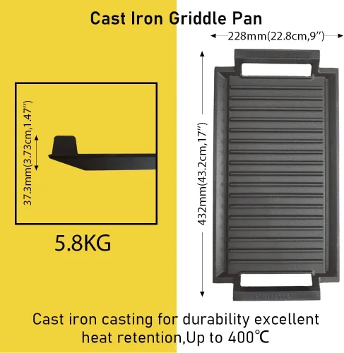Miniatura 3 de Sartén para plancha, placa caliente de hierro fundido, parrilla rectangular, 2 asas con superficie acanalada para cocina eléctrica de inducción, 16