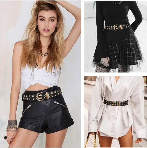 Miniatura 2 de FIORETTO Cinturón de cuero con ojales y cadena desmontable para mujeres y hombres, cinturones de cintura punk rock para pantalones vaqueros