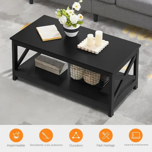 Miniatura 5 de Yaheetech Mesa de centro negra de madera de 2 niveles con estante de almacenamiento para sala de estar, mesa de cóctel con diseño en X, muebles