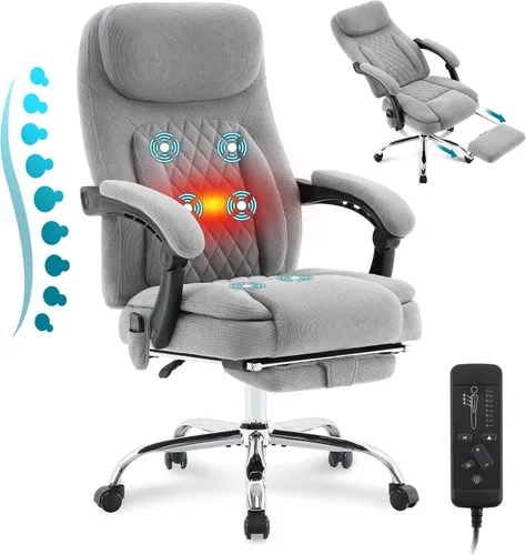 Miniatura 16 de Silla de oficina de masaje de 6 puntos con silla de oficina térmica y ergonómica con reposapiés y respaldo alto reclinable de 45°, silla de oficina
