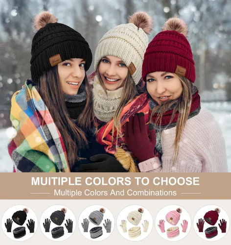 Miniatura 5 de YSense Conjunto de gorro de invierno para mujer, bufanda y guante, cálido forro polar con pompones, calentador de cuello y guantes para pantalla