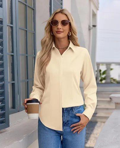 Miniatura 7 de Gleeivy Camisa con botones para mujer, solapa con botones ocultos, ligera, transpirable, resistente a las manchas, manga larga, trabajo e informal
