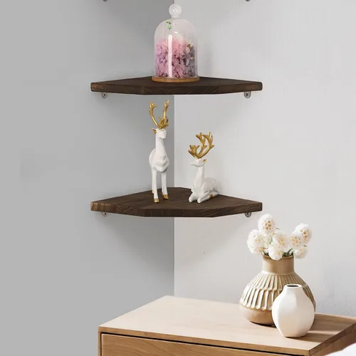 Miniatura 2 de Joiishom Juego de 2 estantes de esquina de madera maciza para pared, estantes flotantes de esquina de madera maciza para pared, estante esquinero