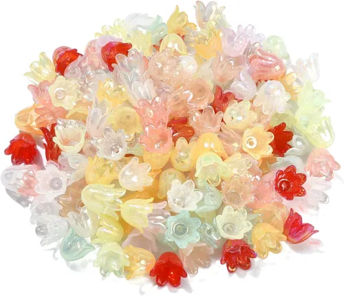 Miniatura 6 de KitBeads 300 cuentas de acrílico aleatorias de cuentas de flores coloridas iridiscentes, mini cuentas florales Kawaii Bell Flower Beads para hacer